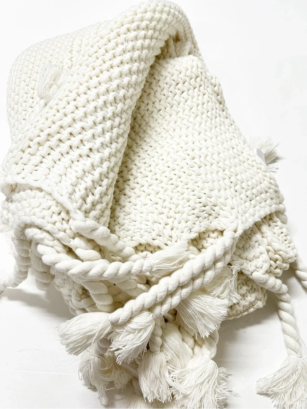 West Elm Home Soft Cream Chunky Knit Braided Fringe Throw Blanket 42